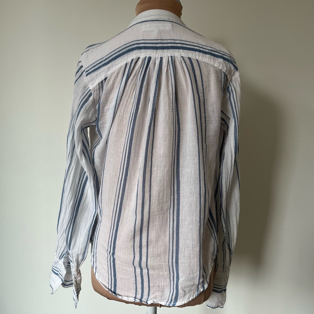 Frame Denim Button Up Gauze Cotton White Stripe Blue Long Sleeve Blouse EUC XS - Picture 6 of 11